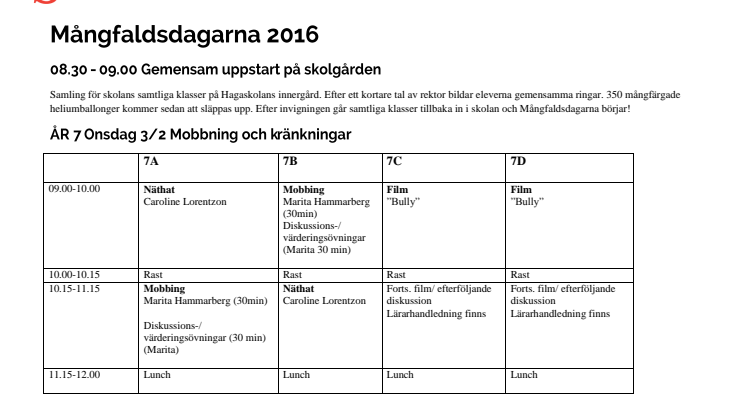 Schema mångfaldsdagar Hagaskolan