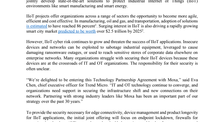 Trend Micro inleder partnerskap med Moxa för att utveckla säkerheten inom industriell IoT