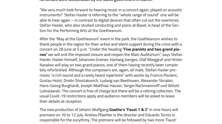 Goetheanum reopens with festive piano concert: Summer of Culture at the Goetheanum 