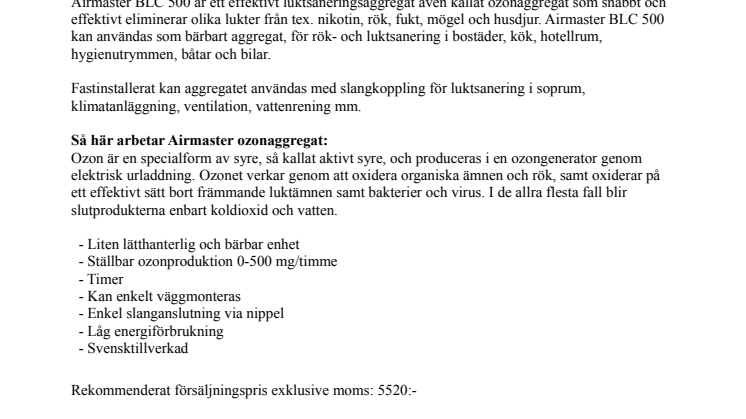 Airmaster BlueLine BLC 500, ett effektivt luktsaneringsaggregat.