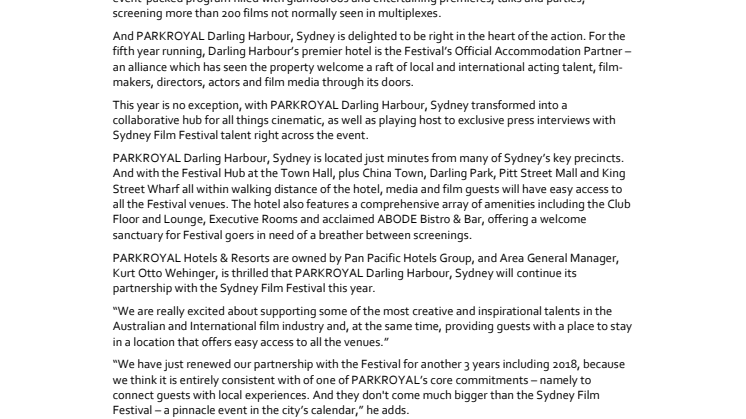 PARKROYAL Darling Harbour, Sydney gets Red-carpet Ready for the 65th Annual Sydney Film Festival.
