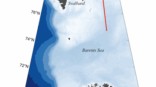 Sampling area in the western Barents Sea. The first station is at the northern end of the red transect line. map Malin Daase