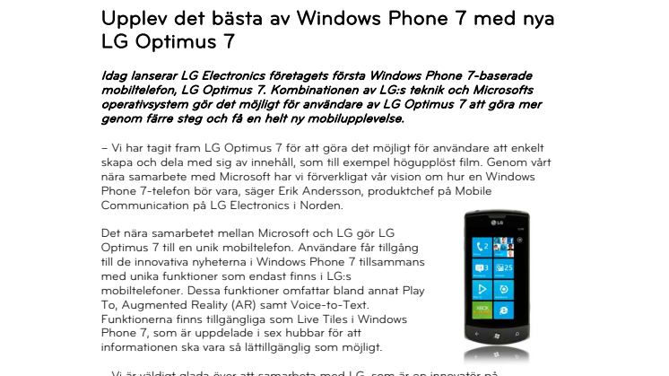Upplev det bästa av Windows Phone 7 med nya LG Optimus 7