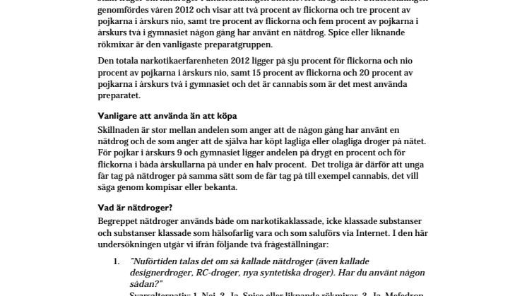 Skolelevers drogvanor 2012: Ungas erfarenhet av nätdroger 