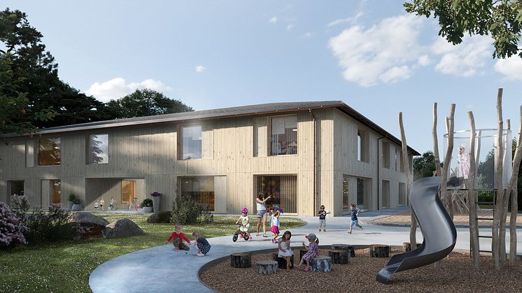 Illustration av den nya förskolan som ska byggas i Vigelsjö. Arkitekt: Scott Rasmusson Källander (SR-K).