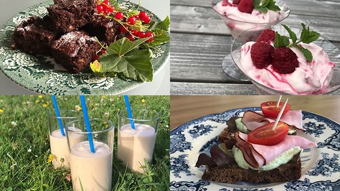 Aptitretare, proteinrika mellanmål och bakverk lagade vid utbildningar för personal i projektet  SMAK: brownie gjord på bönor, bärkvarg, Nyponkärlek (smoothie) och snittar med ärtkräm.