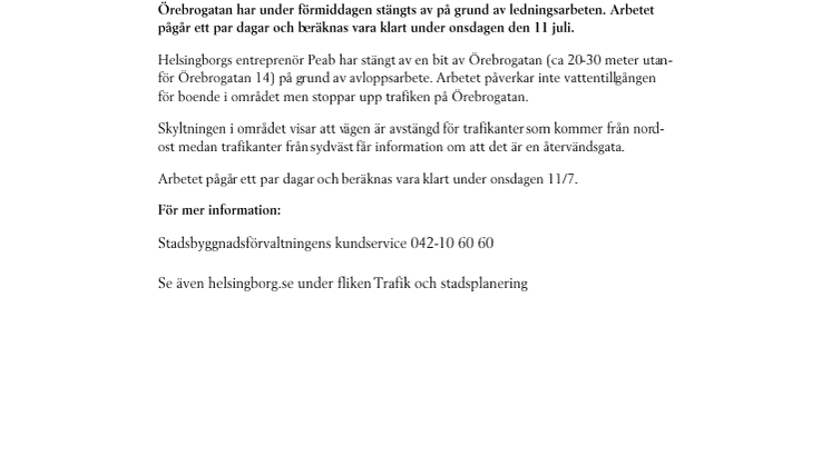 Del av Örebrogatan stängs av på grund av ledningsarbete