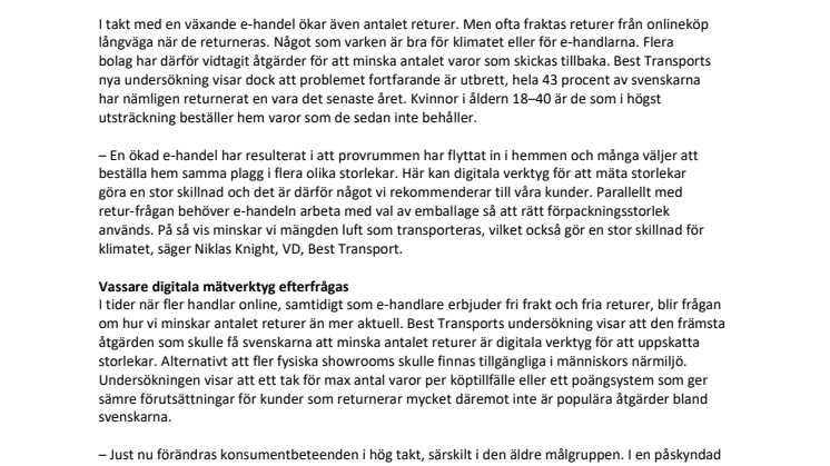 Svenskarna i ny undersökning: ”Digitala verktyg skulle minska antalet returer” 