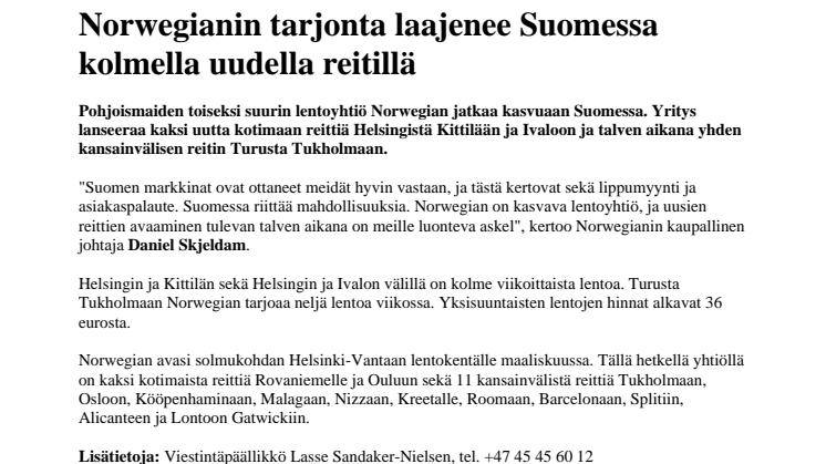 Norwegianin tarjonta laajenee Suomessa kolmella uudella reitillä
