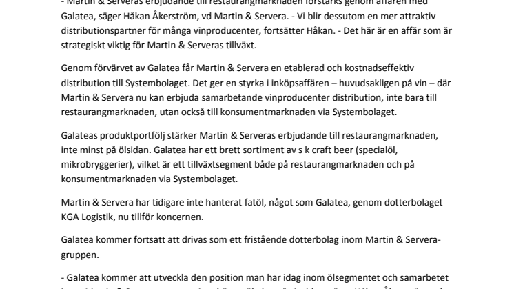 Martin & Servera förvärvar Sveriges ledande öl- och vindistributör Galatea