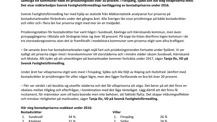 Här steg bostadspriserna mest under 2016 – kommun för kommun