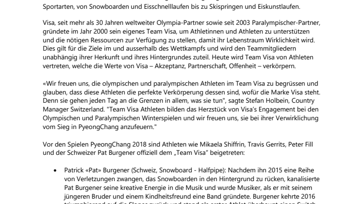 Pat Burgener startet für Team Visa an den kommenden Olympischen Winterspielen