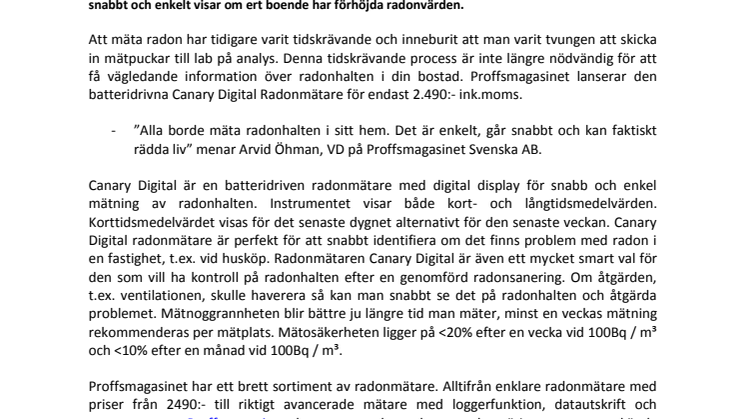 Proffsmagasinet.se lanserar en ny radonmätare, Canary Digital