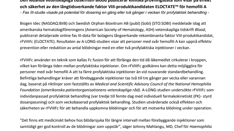 Den ledande vetenskapliga tidskriften Blood publicerar kliniska prövningsdata som visar på effekt och säkerhet av den långtidsverkande faktor VIII-produktkandidaten ELOCTATE(TM) för hemofili A