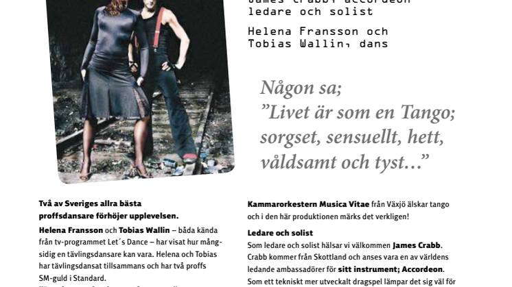 Tango Nuevo med Musica Vitae och dansarna Tobias Wallin och Helena Fransson