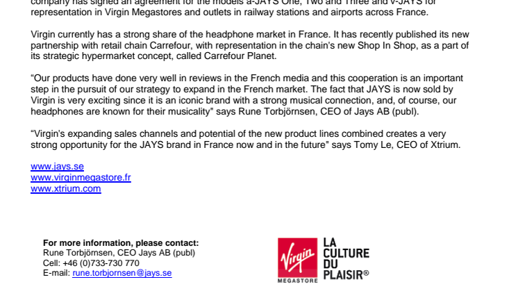 JAYS signs agreement with Virgin in France