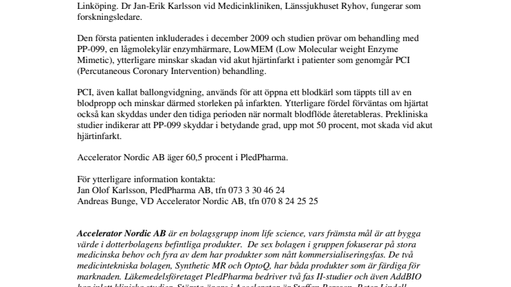 Accelerators dotterbolag erhåller stöd för hjärtstudie