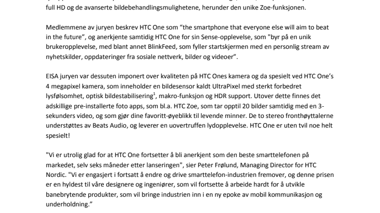 HTC ONE HEDRET MED PRISEN FOR “BEST EUROPEAN ADVANCED SMARTPHONE 2013 – 2014”