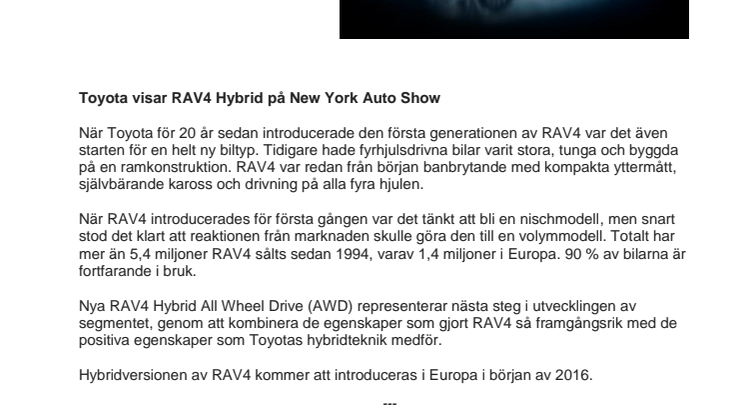 ​Toyota visar RAV4 Hybrid på New York Auto Show