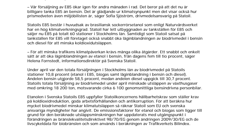 Lägre pris på E85 ökade försäljningen under april