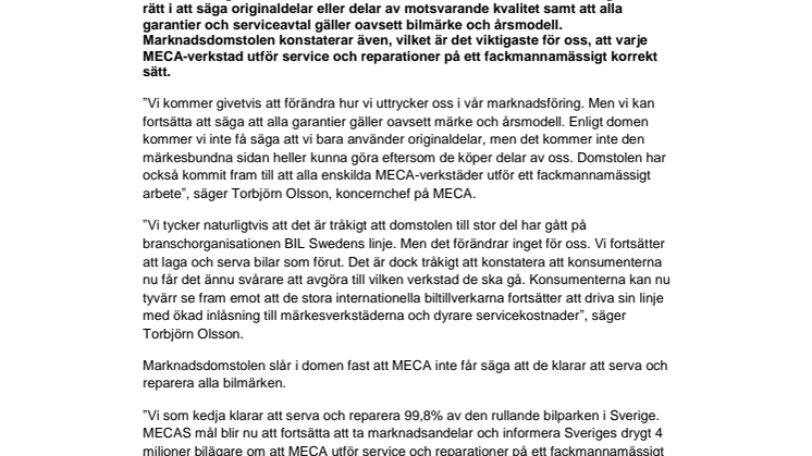 MECA: ”Vi accepterar Marknadsdomstolens dom men det påverkar inte vår service till Sveriges bilägare”