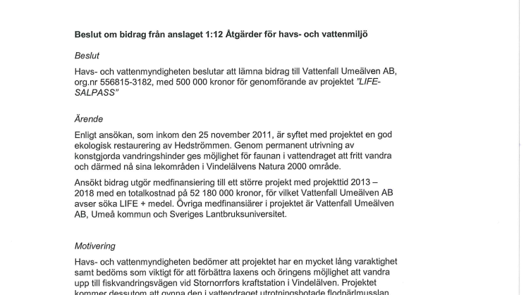 Beslut om bidrag till Vattenfall Umeälven AB till "LIFE-SALPASS"