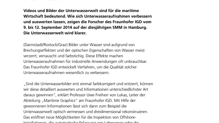 SMM 2014: Fraunhofer-Forscher verbessern Unterwasseraufnahmen