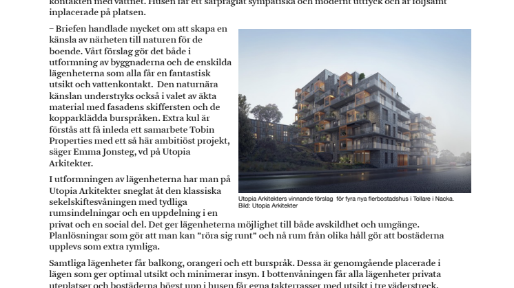 Tobin Properties väljer Utopia Arkitekter till Tollare