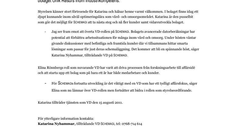 Katarina Nyhammar blir ny VD på SCHEMAGI 
