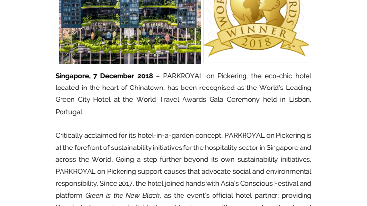 PARKROYAL on Pickering crowned  World’s Leading Green City Hotel