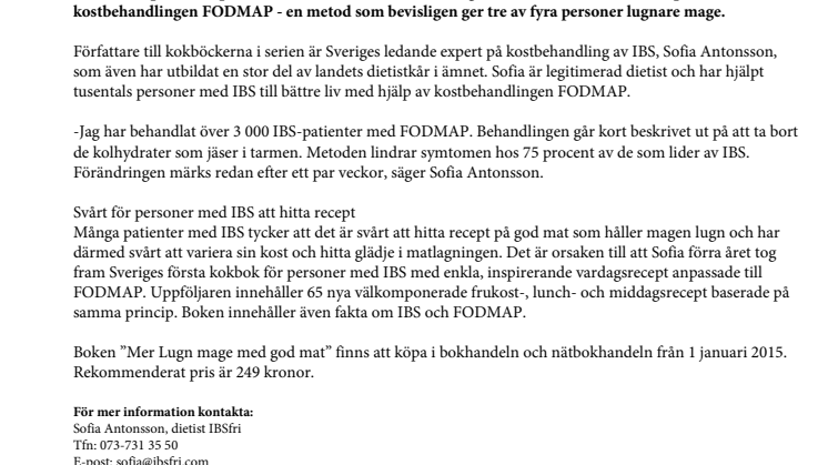 Starta nya året med lugn mage: ”Mer lugn mage med god mat” - Nu är uppföljaren till succékokboken för personer med IBS här.