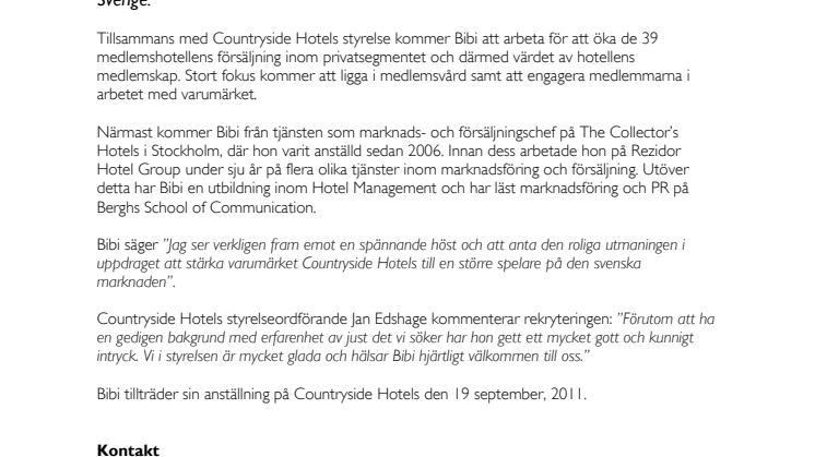 Countryside Hotels satsar framåt med ny marknads- och försäljningschef