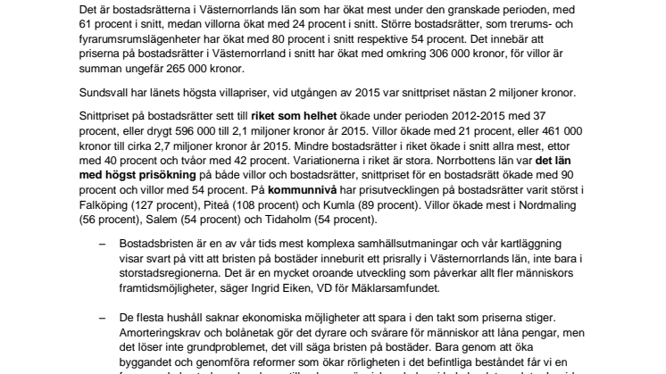 Bostadsbristen har skapat rekordhög prisutveckling i Västernorrlands län åren 2012-2015