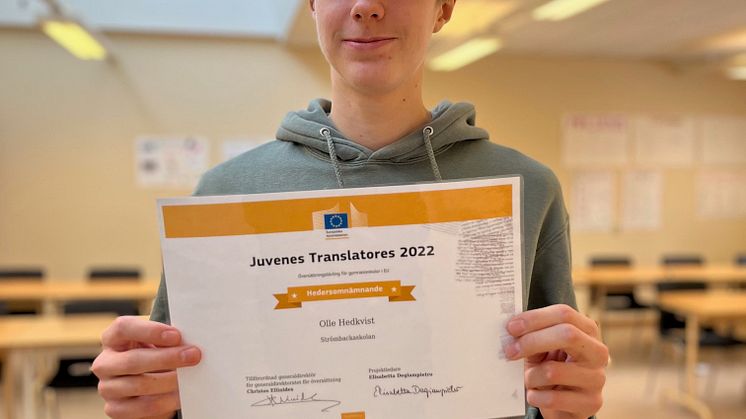Olle Hedkvist, Ekonomiprogrammet åk 2 på Strömbackaskolan Piteå kommun har fått ett hedersomnämnade i översättningstävling Foto: Anna Bergström