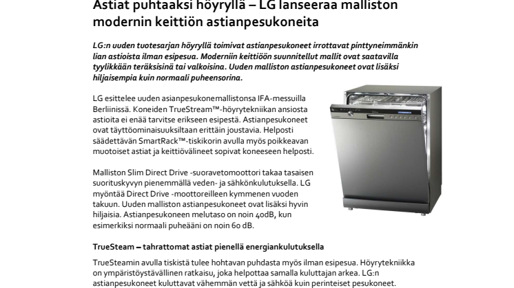 Astiat puhtaaksi höyryllä – LG lanseeraa malliston modernin keittiön astianpesukoneita 