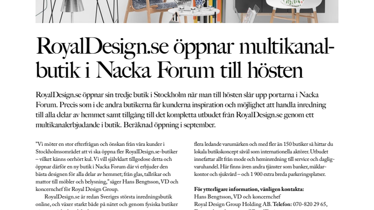 RoyalDesign.se öppnar multikanalbutik i Nacka Forum till hösten