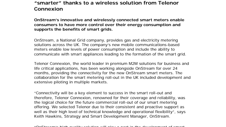 OnStream's gas and electricity meters become even “smarter” thanks to a wireless solution from Telenor Connexion