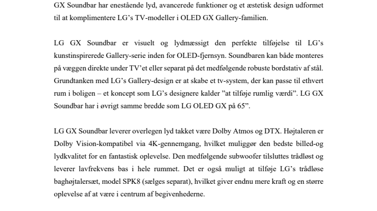 LG lancerer den nye GX Soundbar med enestående lyd og perfekt pasform til OLED GX