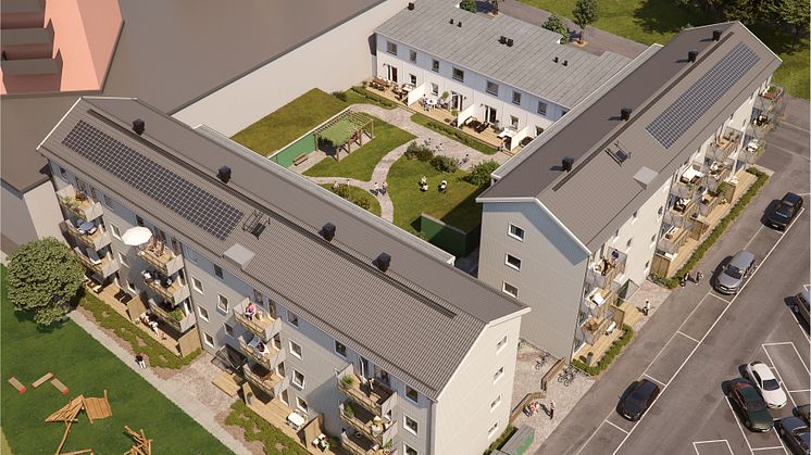 Översiktsillustration av det nya kvarteret BoKlok Rubinen, Bäckby, Västerås.