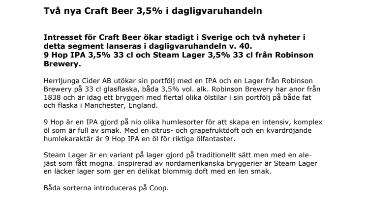 Två nya Craft Beer 3,5% i dagligvaruhandeln 