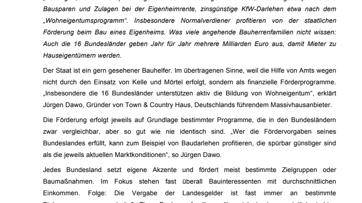 Town & Country – Verbrauchertipp: So fördern die Bundesländer ihre Häuslebauer