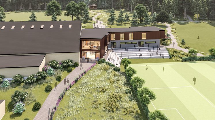 Det nye Fælleshus, som huser velkomstområdet for Hærvejens start og stoppested i Øster Hornum, ligger i forbindelse med Øster Hornum Hallen og Friluftscenter Katbakken