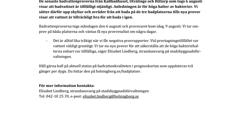 Tillfälligt dålig badvattenkvalitet vid Kallbadhuset, Utvälinge och i Hittarp