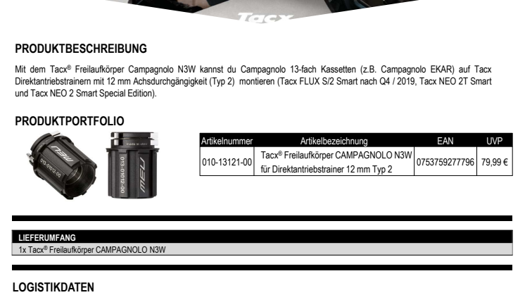 Garmin Datenblatt TACX Freilaufkörper Campagnolo N3W