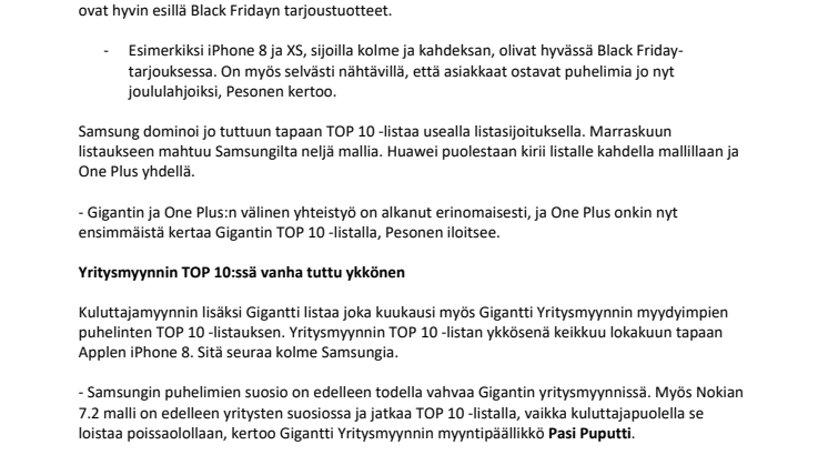 Marraskuun 2019 myydyimmät puhelimet TOP 10
