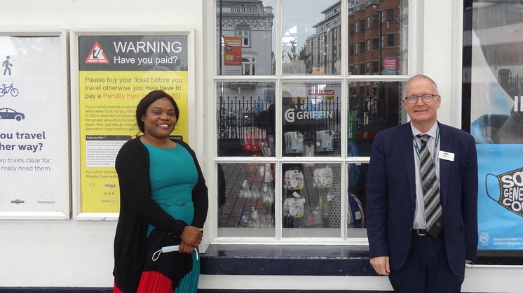 Juliet Ssekitolek, Project, Marketing & Fundraising Manager for BMECP Brighton foodbank with Graham Thrower, Brighton Area Manager