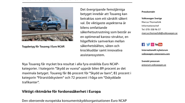 Nya Volkswagen Touareg får femstjärnigt toppbetyg av Euro NCAP