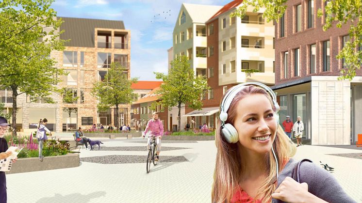 Visionsbild av Stationsstaden, de nya stadsdelen i Kävlinge. Bilden är från Midroc.