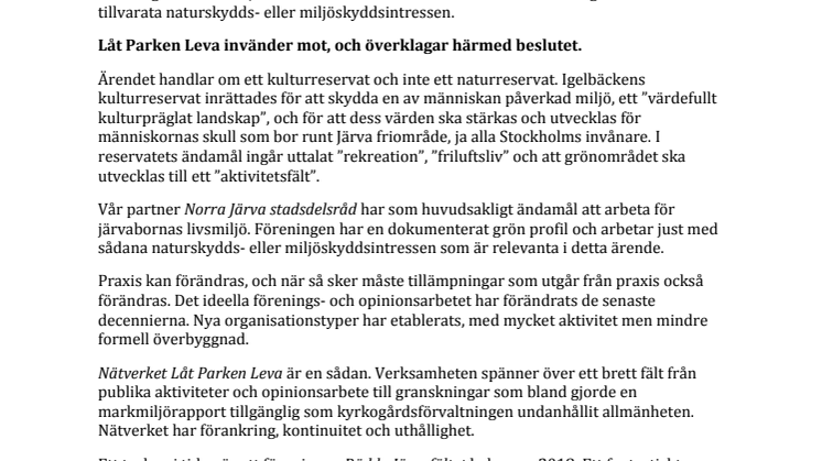 Låt Parken Leva överklagar Länsstyrelsens avvisningsbeslut
