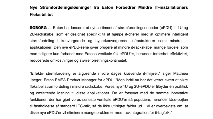 Nye strømfordelingsløsninger fra Eaton forbedrer mindre IT-installationers fleksibilitet 